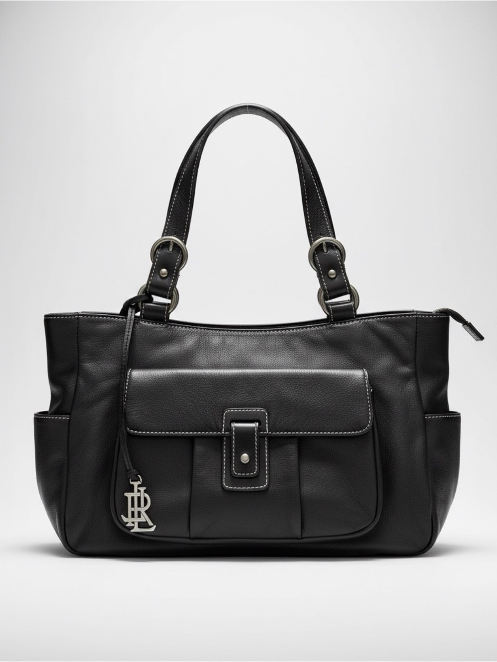Lauren Ralph Lauren Black Leather Shoulder Bag Contrast Stitching Y2K Vintage